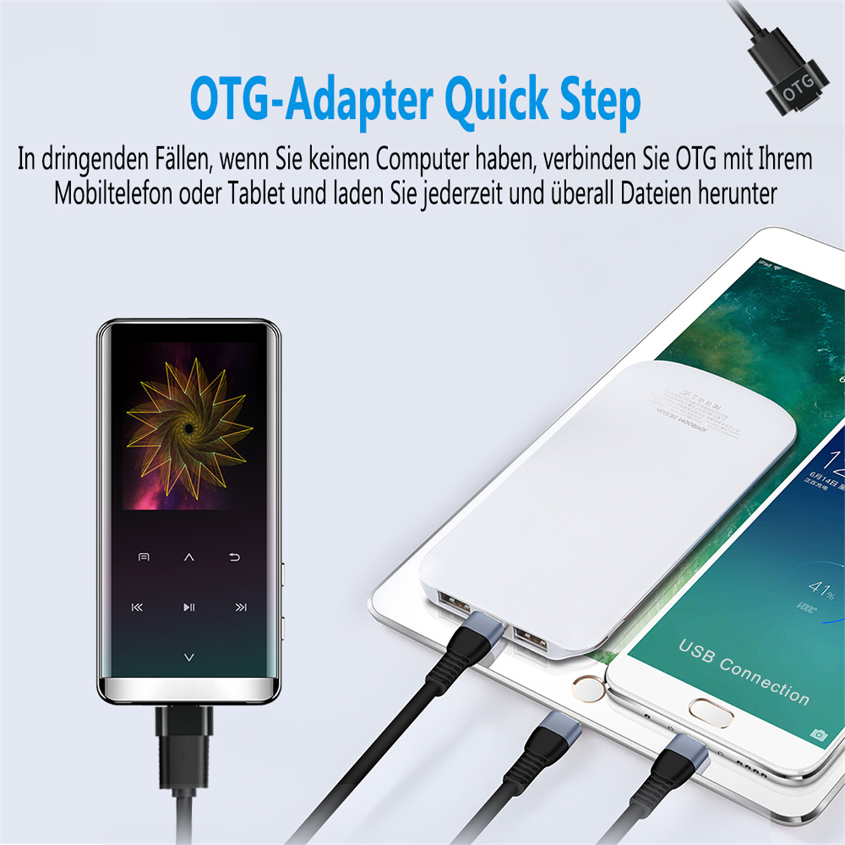 Ein tragbarer Musikplayer, der mit Geräten verbunden ist, mit Text über die OTG-Adapter-Schnellnutzung.