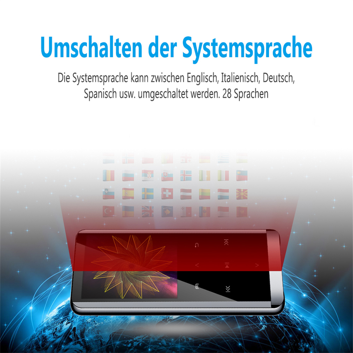 Ein Tablet mit Flaggen und rotem Licht oben und Text 'Umschalten der Systemsprache' in Blau.