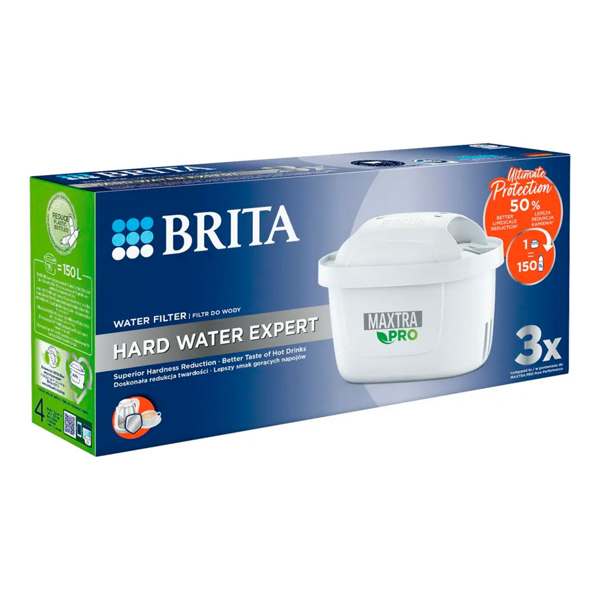Pudełko filtra wody Brita i biały filtr. Pudełko ma tekst i grafikę.