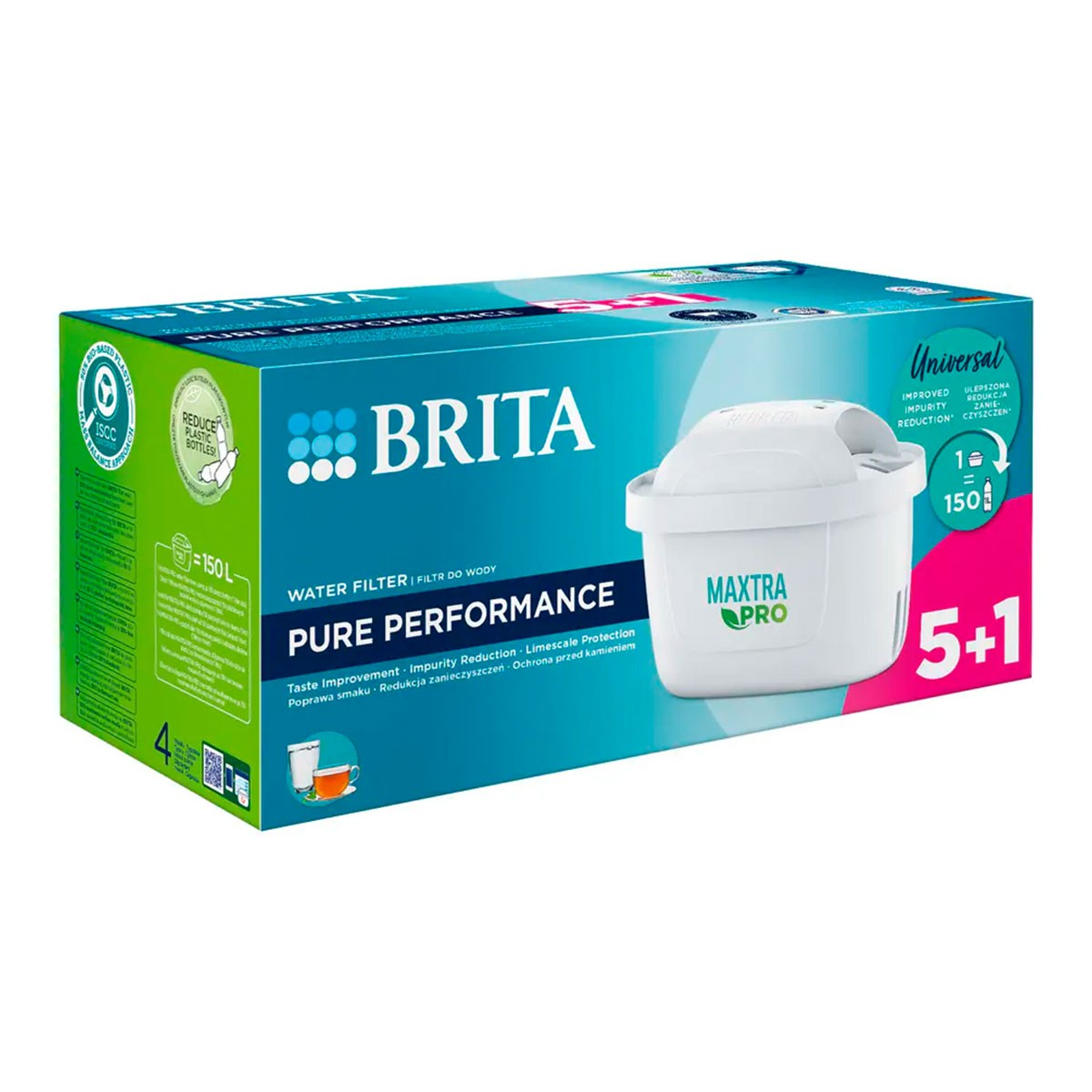 Karton mit Wasserfilterpatronen. Es hat einen weißen Filter im Inneren und ein blau-rosa Etikett darauf.