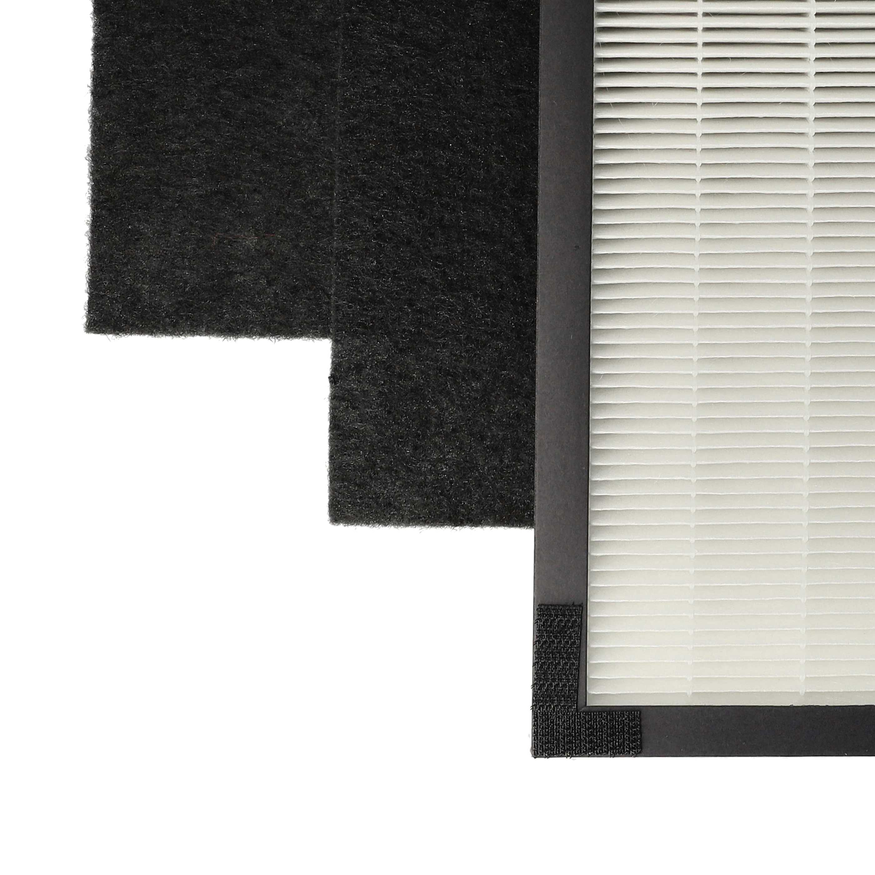 Luftfilterkomponenten: schwarze Kohlefilter und weißer Plissierfilter.