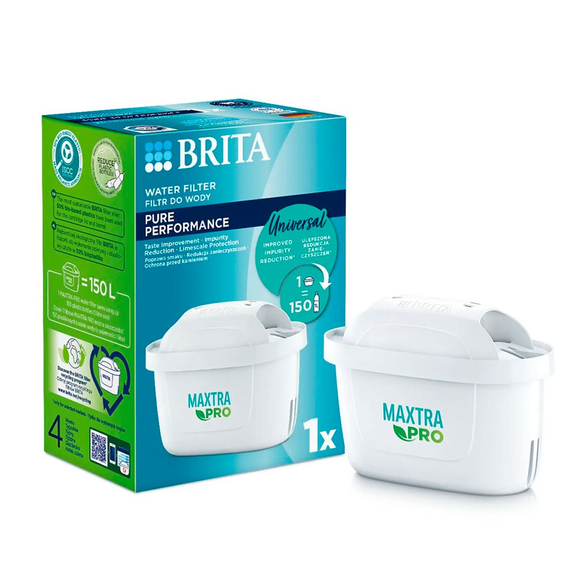 Brita Wasserfilter mit einer Box. Weißer Filter und eine Box mit der Aufschrift „MAXTRA PRO“.