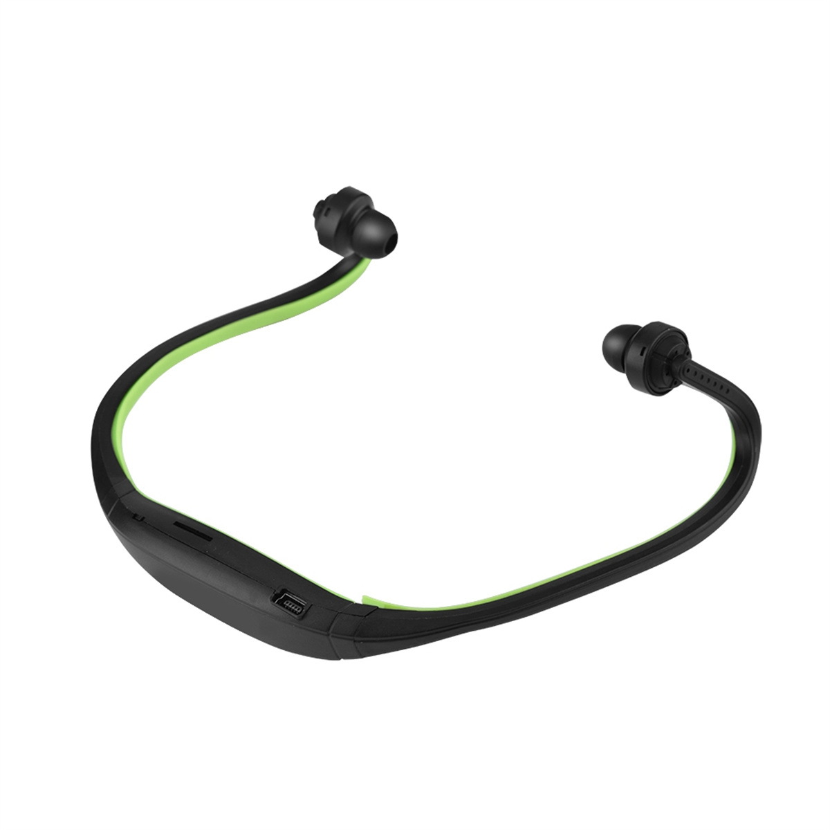 Schwarz-grüne Nackenbügel-Kopfhörer. Das Kabel ist grün, die Knospen schwarz.
