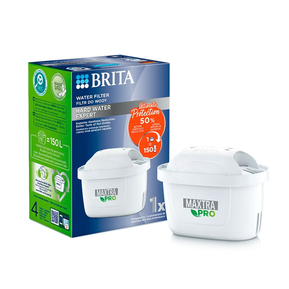 Weißer BRITA Wasserfilterkarton und zwei weiße Filterpatronen. Enthält Text über Wasserfiltration.