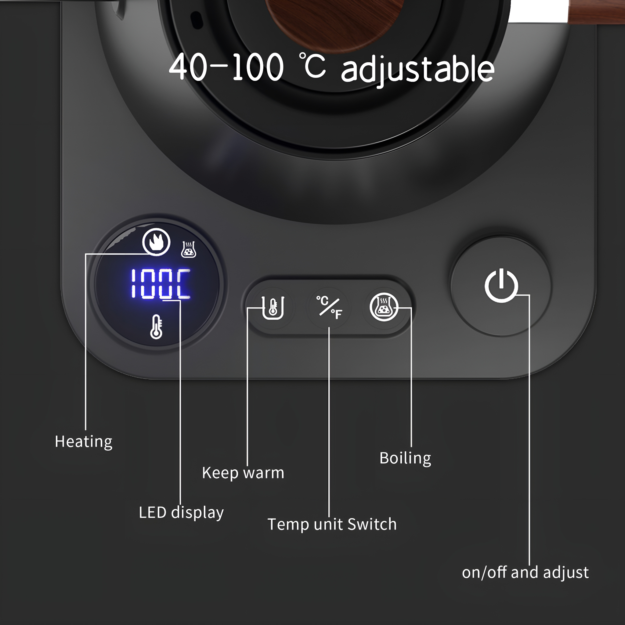 Nahaufnahme eines schwarzen Gerätebedienfelds mit LED-Anzeige und Temperatureinstellungen.