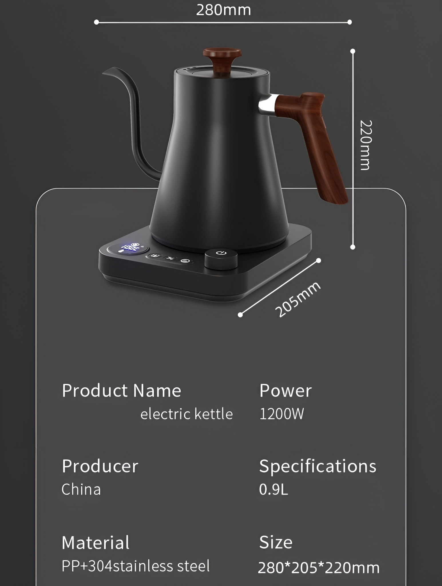 Schwarzer elektrischer Wasserkocher mit Holzgriff und Abmessungen.