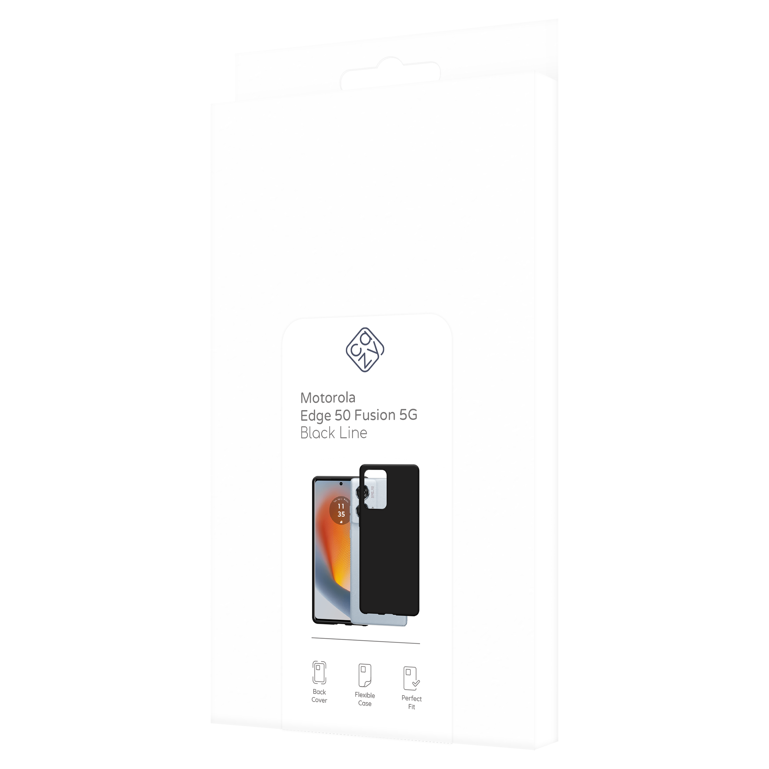 Eine weiße Schachtel zeigt eine Handyhülle, ein Handybild und Text über Motorola Edge 50 Fusion 5G Black Line.