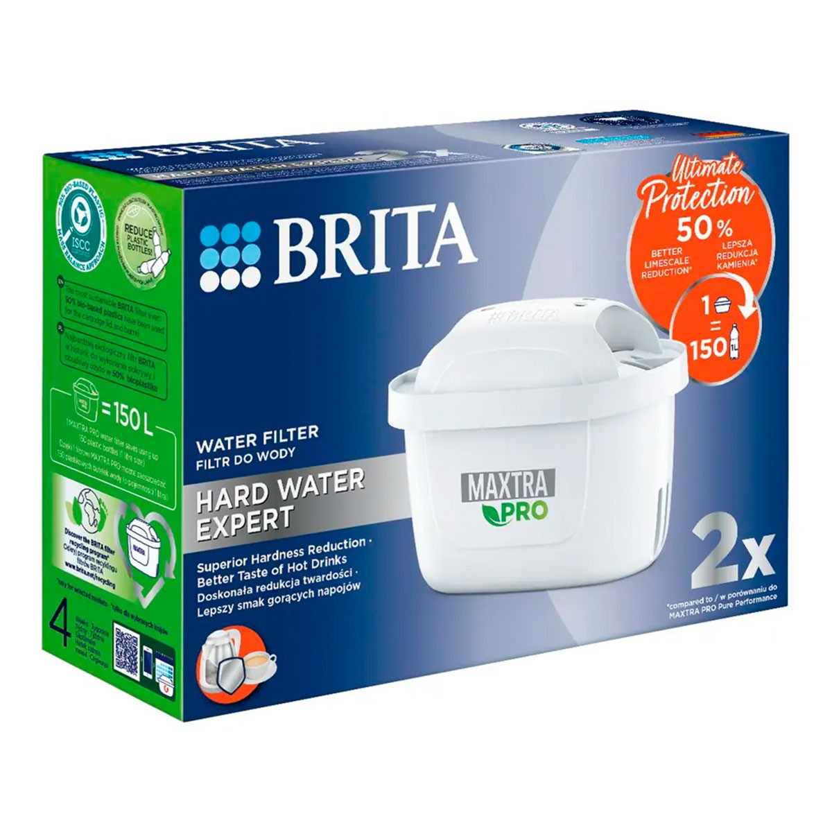 Karton mit Brita Wasserfilter, weißer Filter innen. Text mit Logo.