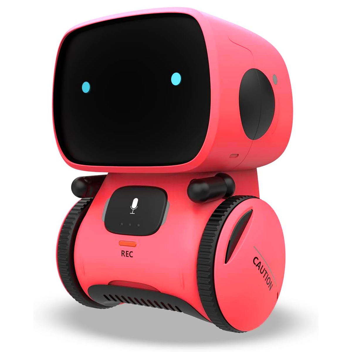 Rosa Roboter-Spielzeug mit schwarzem Bildschirmgesicht, Rädern und REC-Taste.