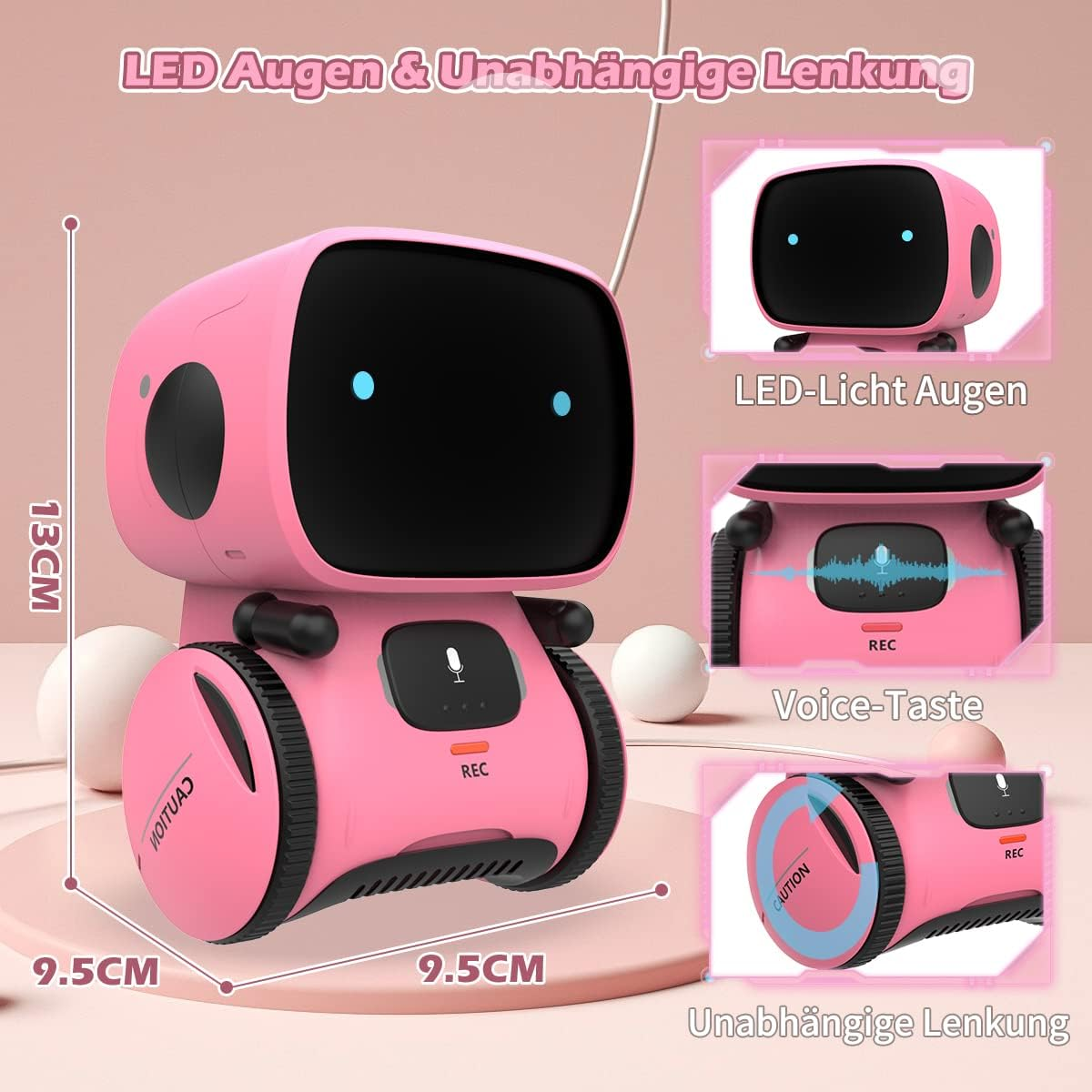 Rosa Roboterspielzeug mit Abmessungen und Funktionen: LED-Augen, Voice-Taste und unabhängige Lenkung.