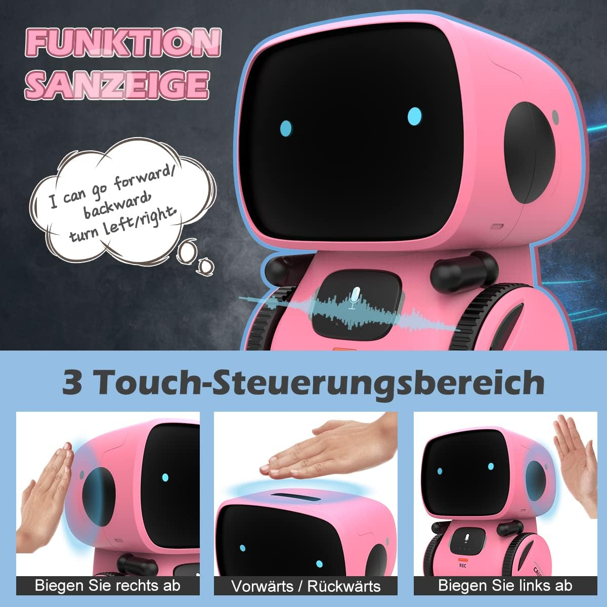 Rosa Roboterspielzeug mit Touch-Bedienelementen und Sprechblase. Nahaufnahme, weißer Hintergrund.