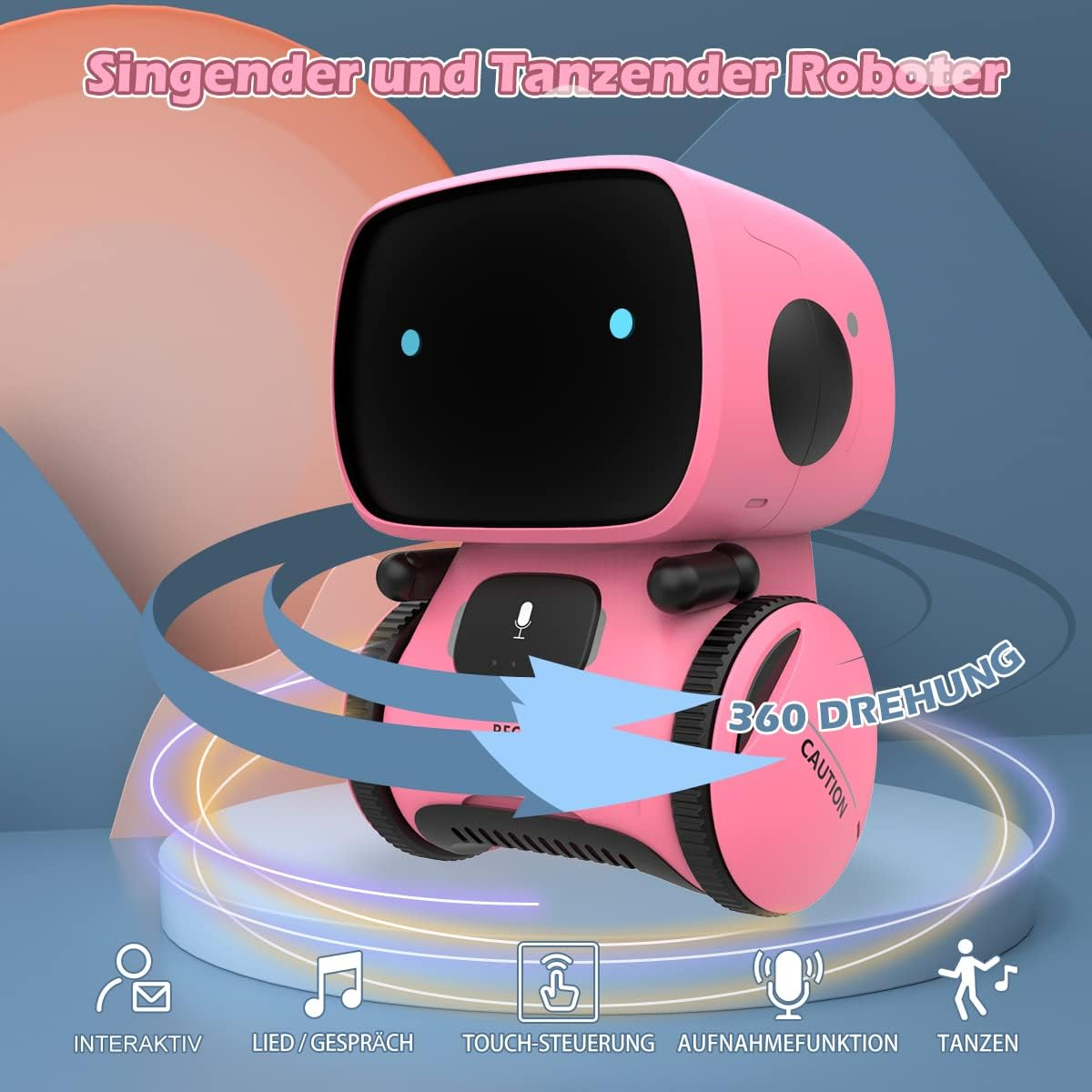 Rosa Roboter Spielzeug mit Bildschirm und Bewegungslinien.