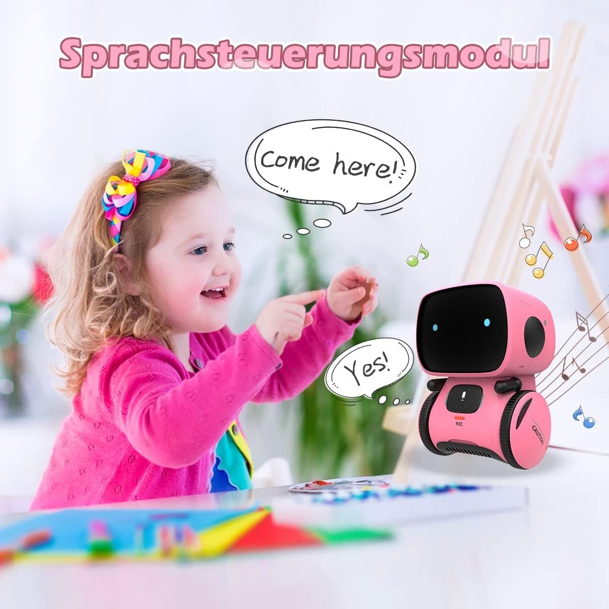 Ein junges Mädchen interagiert mit einem rosa Roboter, Sprechblasen und Noten im Hintergrund.