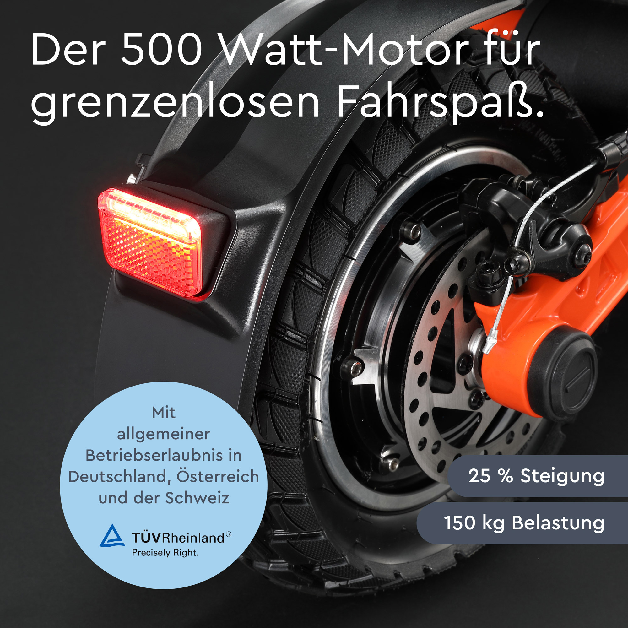 Ein Roller-Rad und Motor werden angezeigt. Der Text lautet '25 % Steigung' und '150 kg Belastung'.