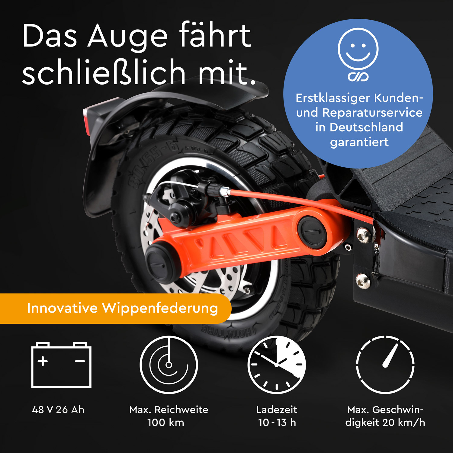 Schwarzer Elektroroller mit orangefarbenen Akzenten, verschiedenen Symbolen und Text. Schwarzer Hintergrund.
