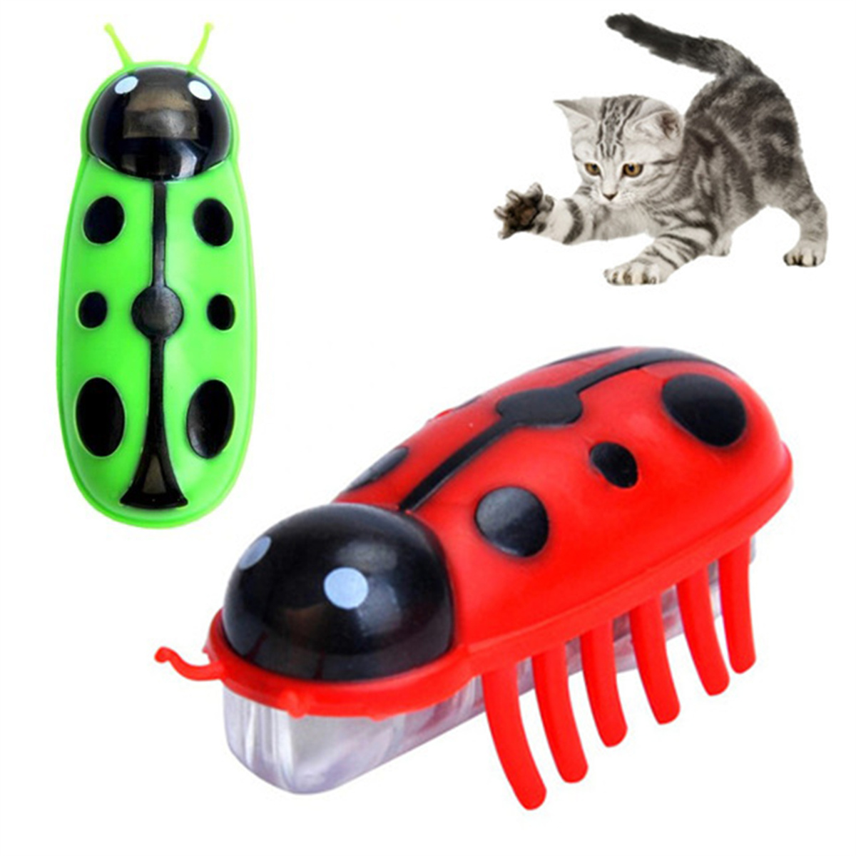 Spielzeug-Marienkäfer und eine Katze. Ein Marienkäfer ist rot und schwarz, der andere grün.