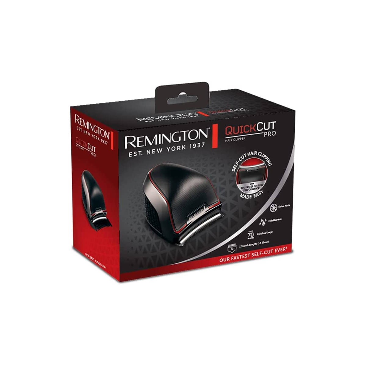 Eine Box mit der Aufschrift Remington Quick Cut Pro Haarschneider. Sie ist rot und schwarz.