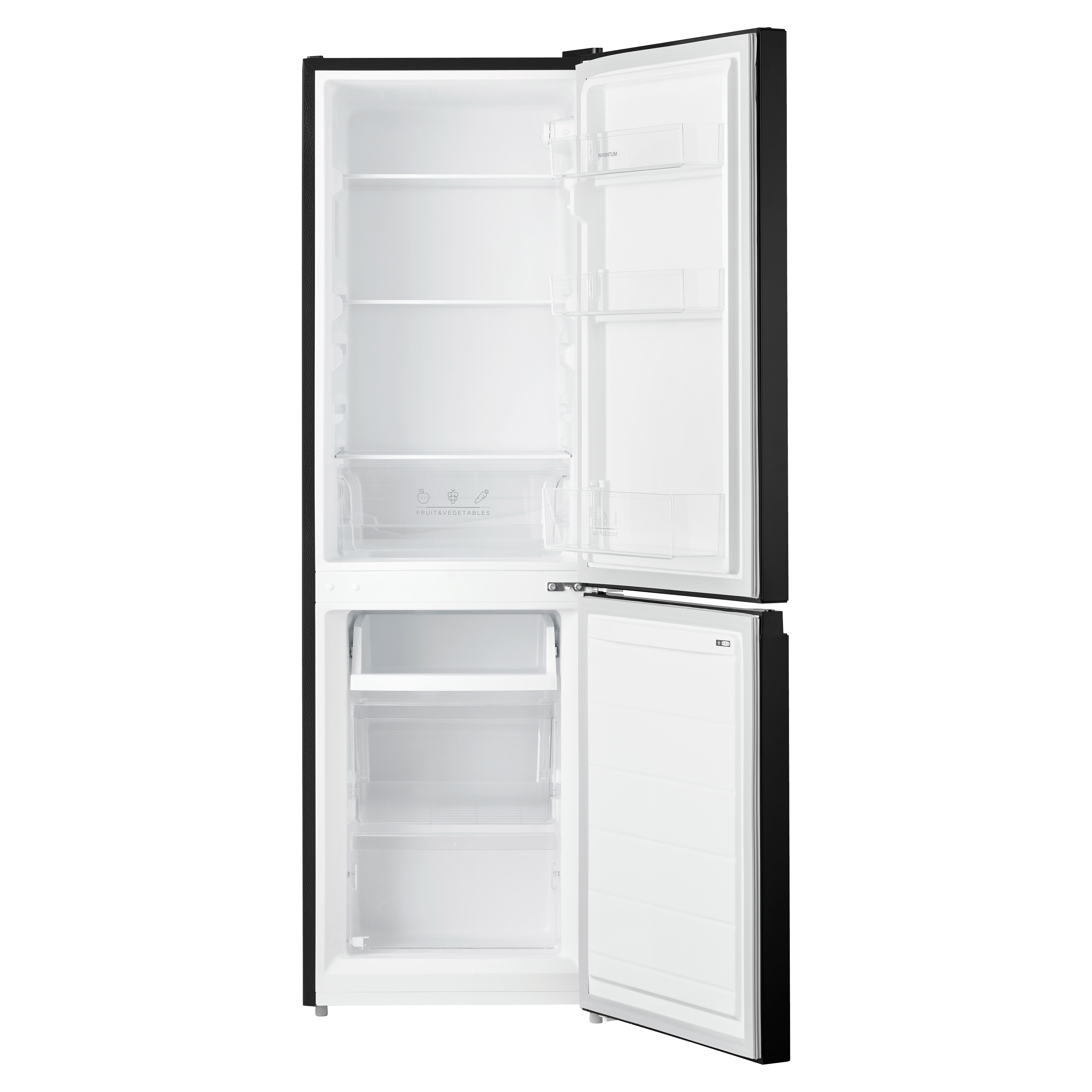 Open black refrigerator with white interior, shelves, and a drawer.