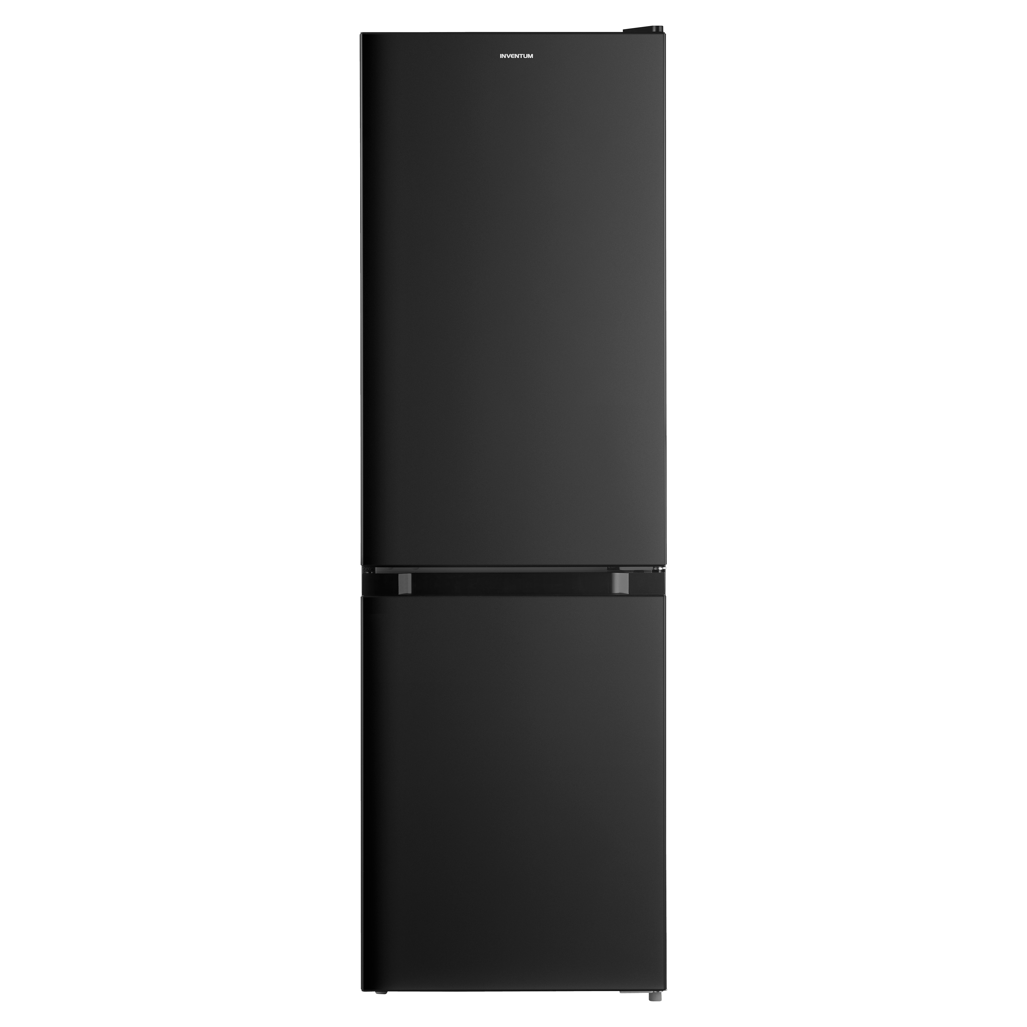 A black refrigerator with two doors, standing against a white background.