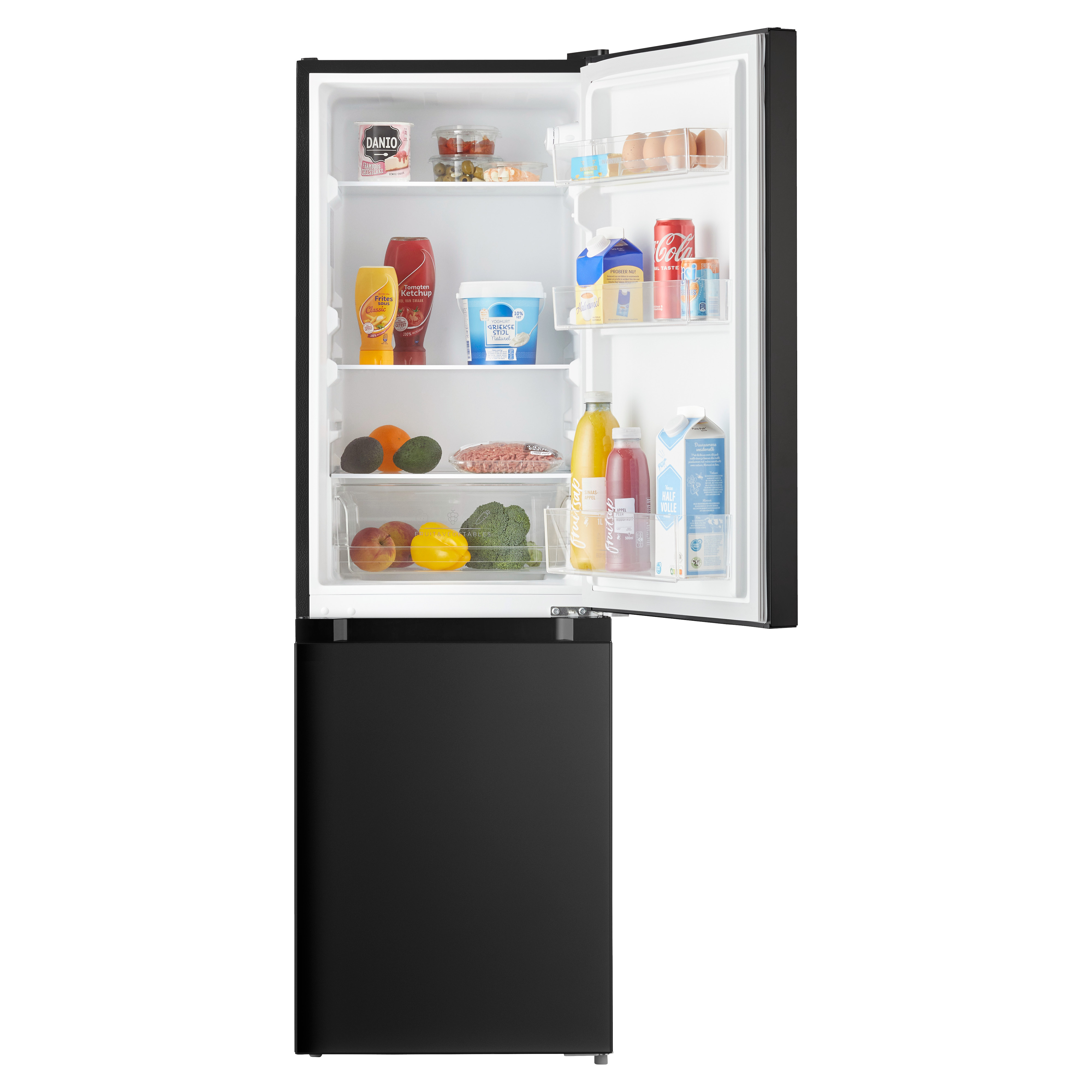 An open black refrigerator, revealing contents like food items, drinks, and dairy products within.