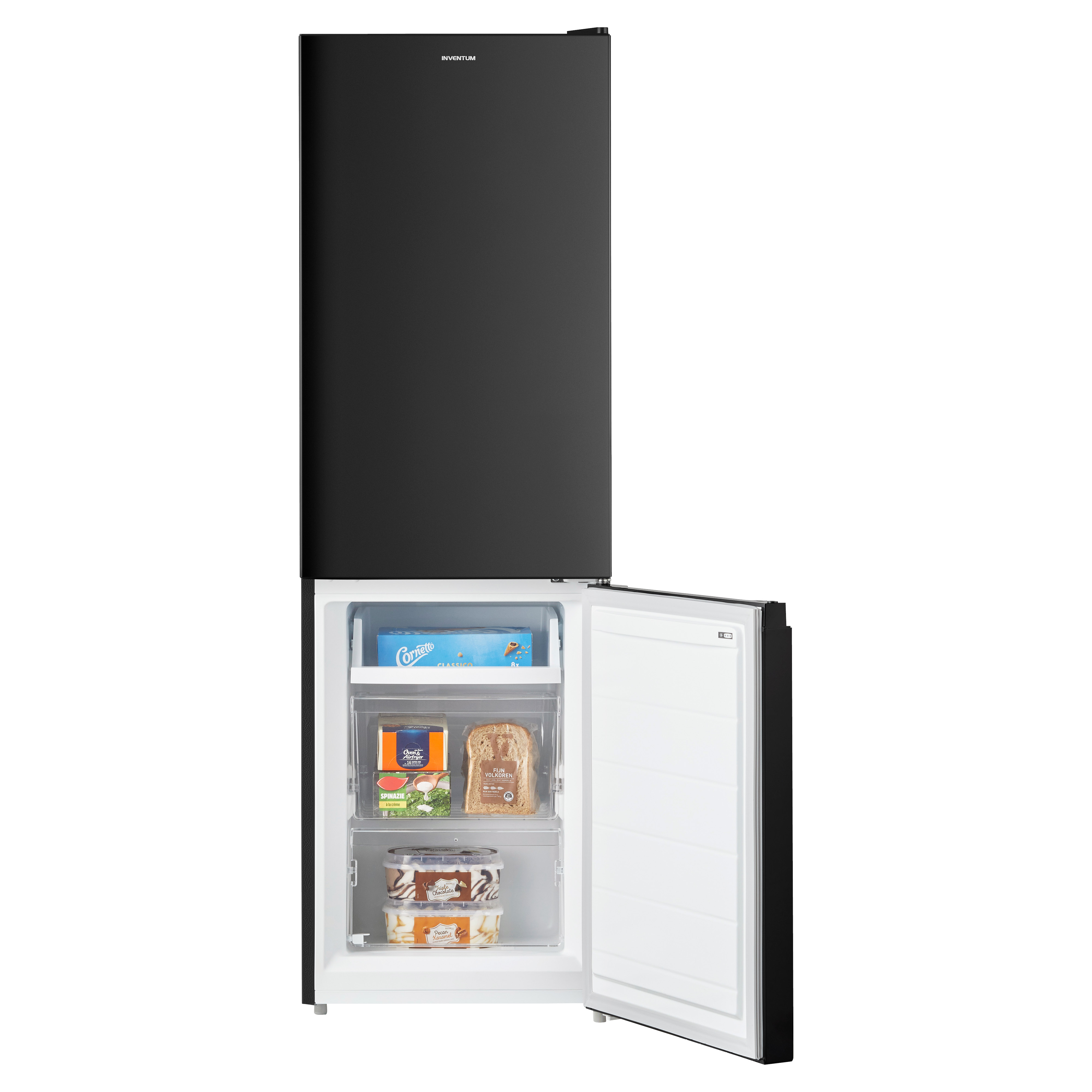 A black refrigerator with the freezer door open, revealing contents.