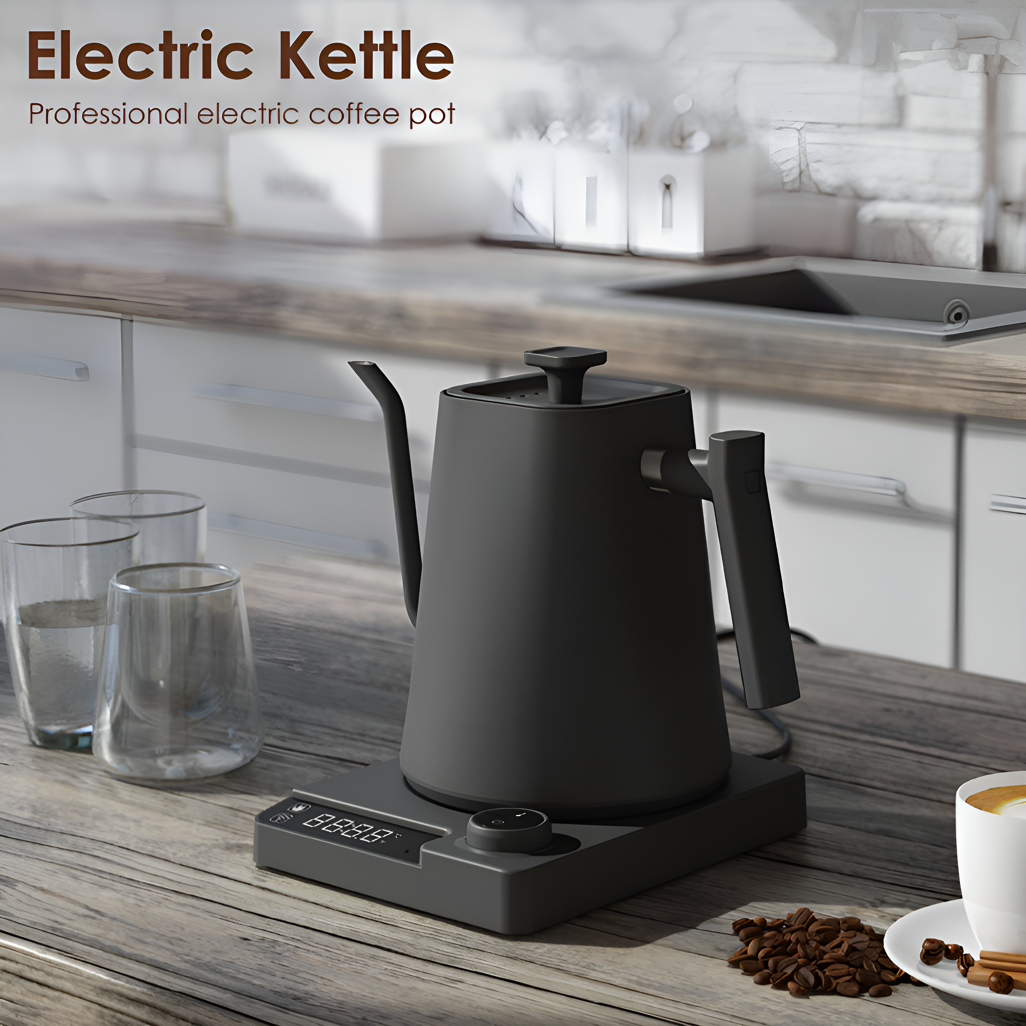 Schwarzer elektrischer Wasserkocher auf einem grauen Ständer. Auf dem Tisch stehen Gläser und Kaffeebohnen. Weiße Küche im Hintergrund.