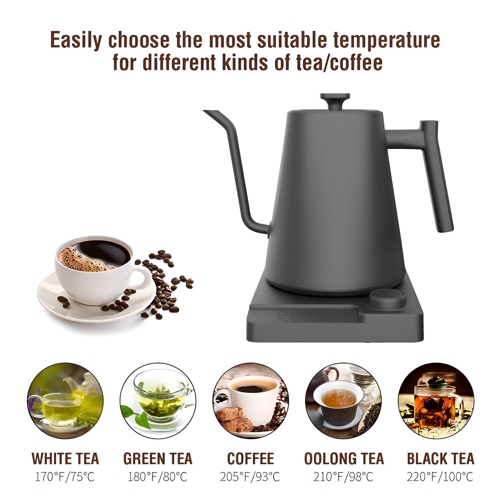 Schwarzer Wasserkocher mit verschiedenen Tee-/Kaffeetemperaturen.