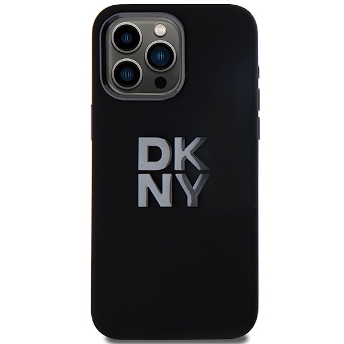 Custodia per telefono nera con logo DKNY argentato in rilievo. Sfondo nero.