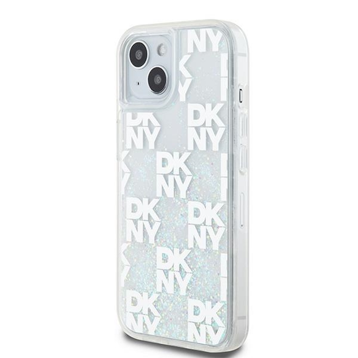 Una custodia trasparente per telefono con il logo DKNY e glitter all'interno, su sfondo bianco.