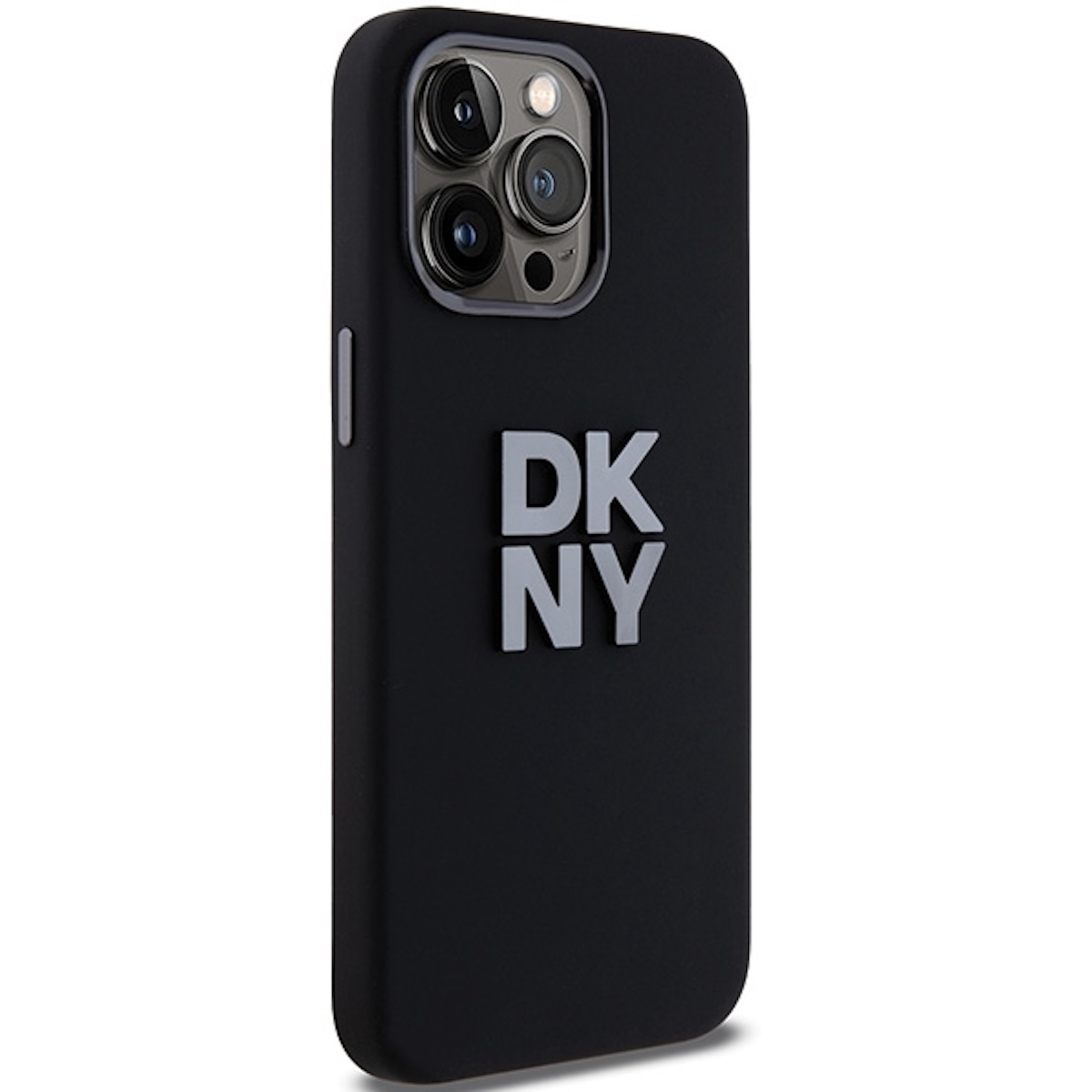 Custodia nera per telefono con 'DKNY' in lettere grigie. L'area della fotocamera è visibile.