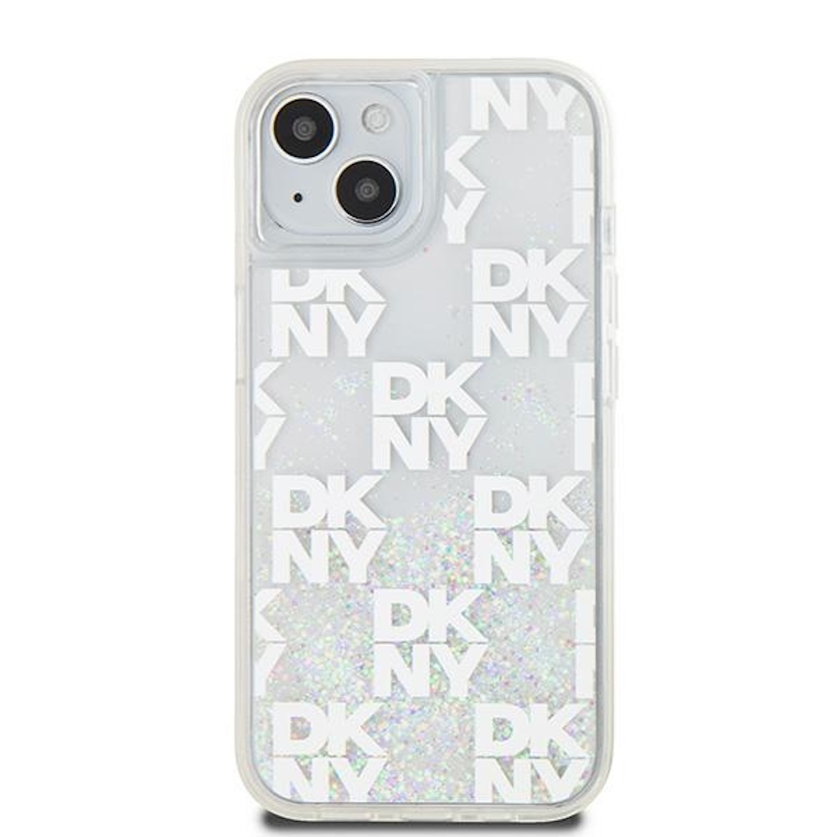 Custodia trasparente per telefono con loghi DKNY e glitter, sfondo bianco.