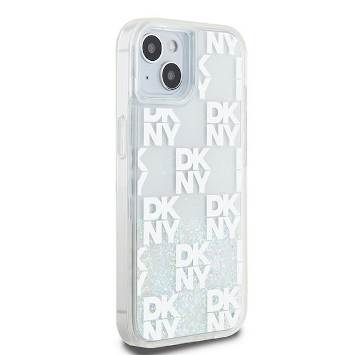 Custodia trasparente con loghi DKNY, glitter, su sfondo bianco.