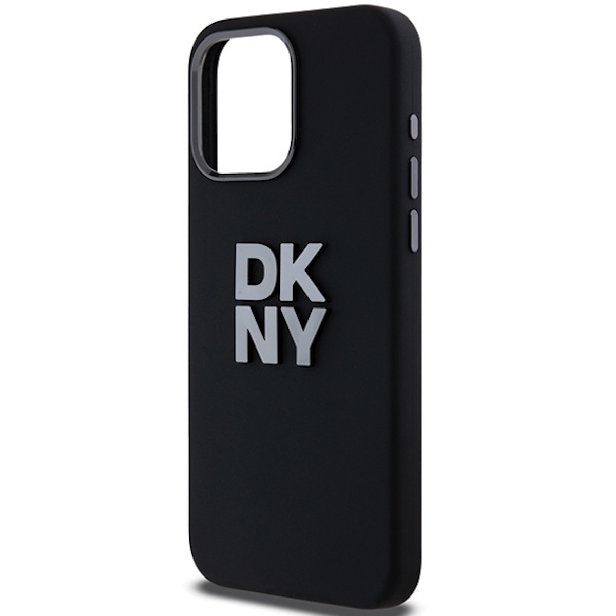 Custodia nera per telefono con 'DKNY' in lettere argentate. Liscia, con fori per fotocamera e pulsanti.