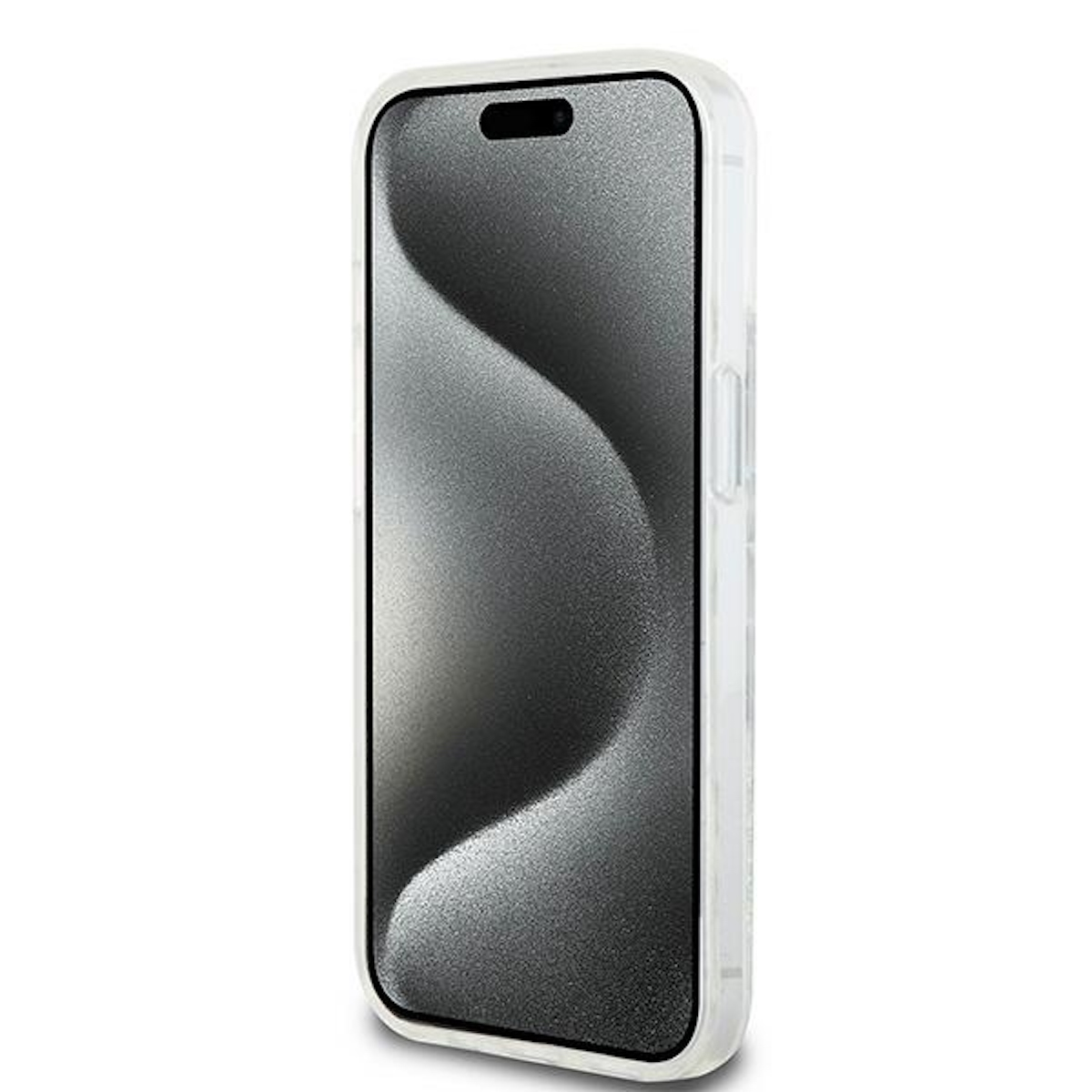 Un telefono in una custodia trasparente. Lo schermo mostra un design grigio astratto e strutturato.
