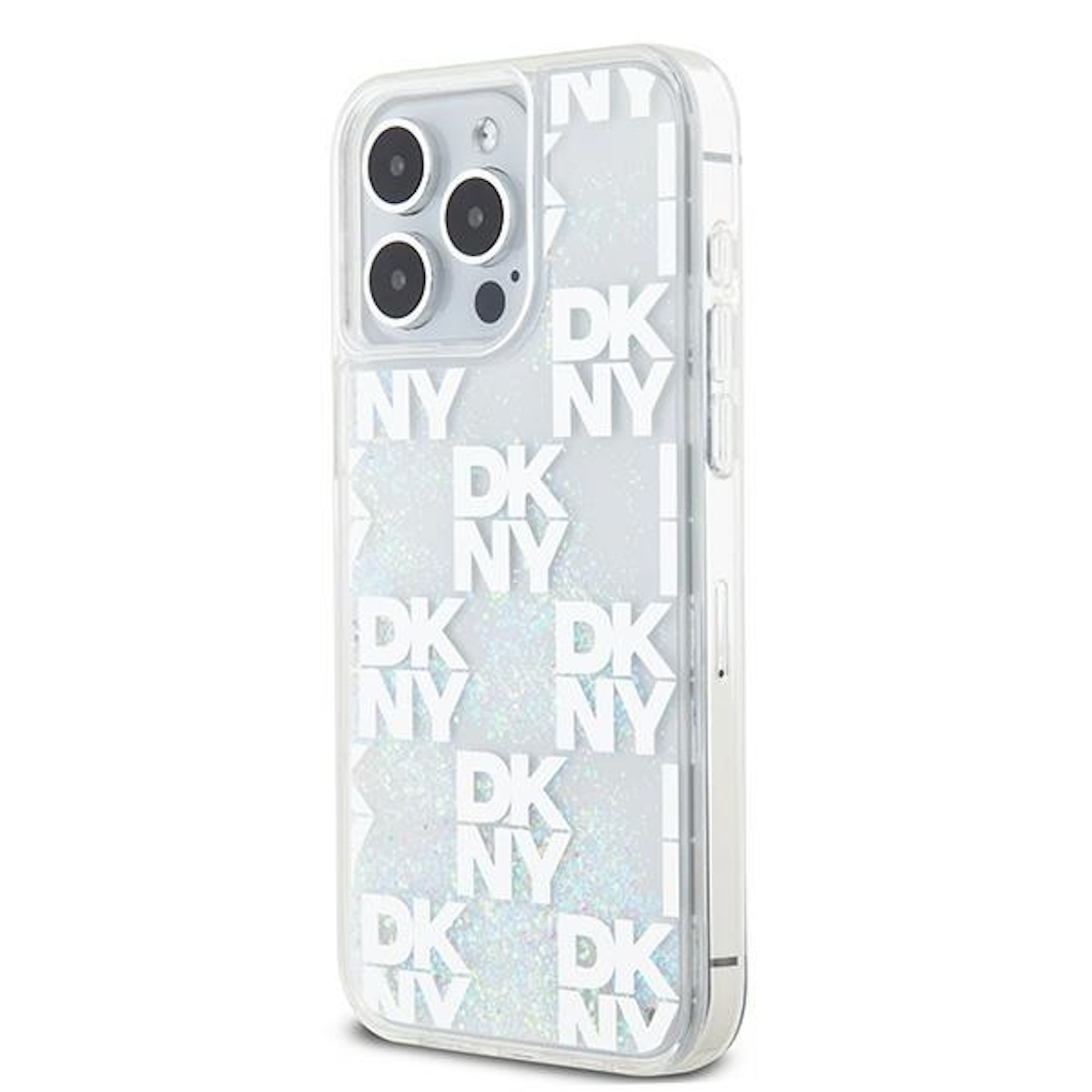 Custodia trasparente per telefono con loghi DKNY, con sfondo bianco.