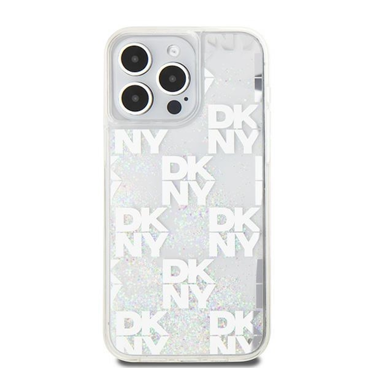 Custodia per telefono DKNY trasparente con interno glitterato, che mostra un telefono. Il logo DKNY è visibile.