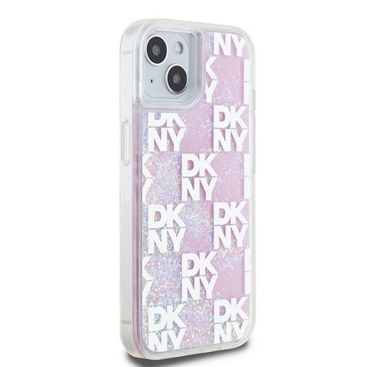 Custodia trasparente con motivo DKNY. La custodia è su sfondo bianco.