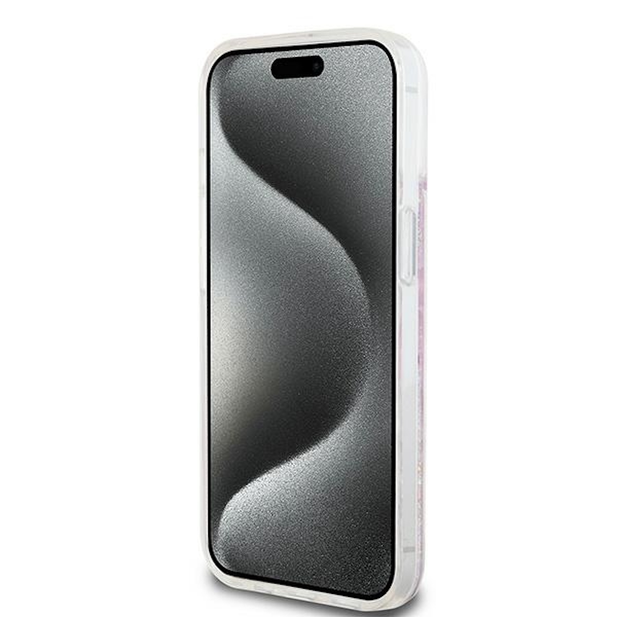 Uno smartphone con una custodia bianca e uno schermo che mostra un design a onde in bianco e nero.