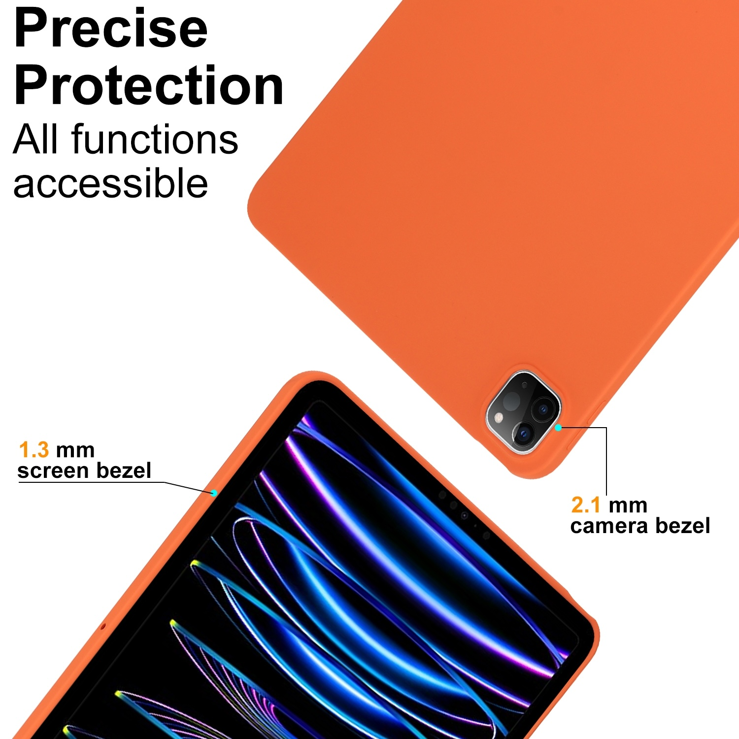Orange Tablet-Hülle zeigt Kamera- und Bildschirmblenden-Abmessungen: 1,3 und 2,1 mm.