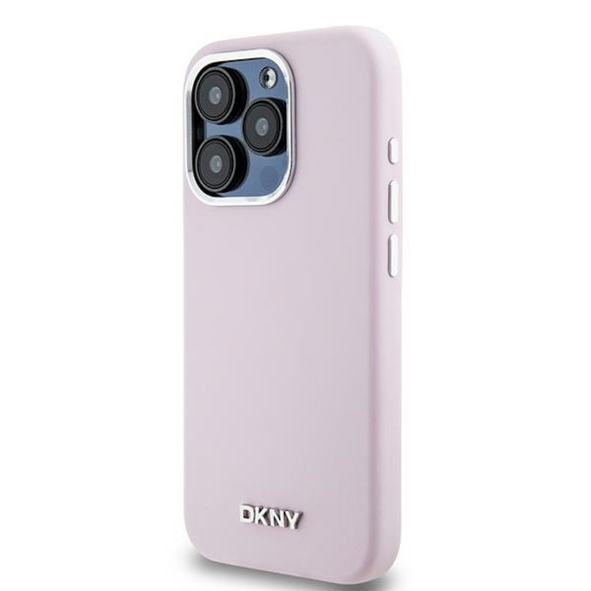 Custodia rosa per telefono con tre fori per fotocamera, logo DKNY. Anello fotocamera metallico, retro bianco.