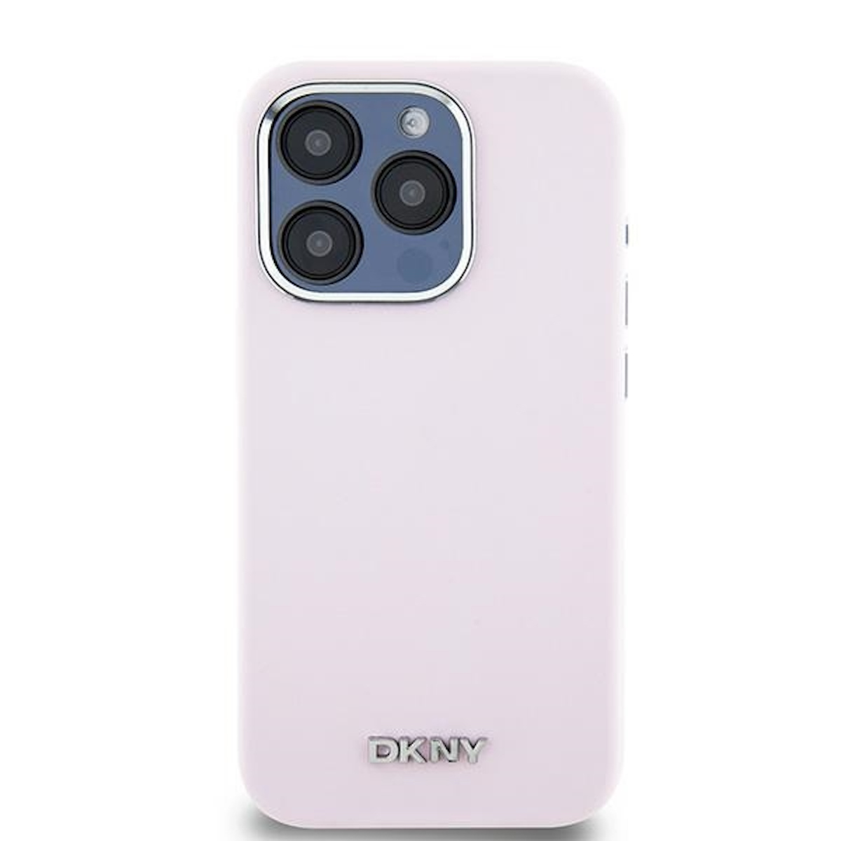 Custodia per telefono DKNY rosa con sporgenze della fotocamera su sfondo bianco.