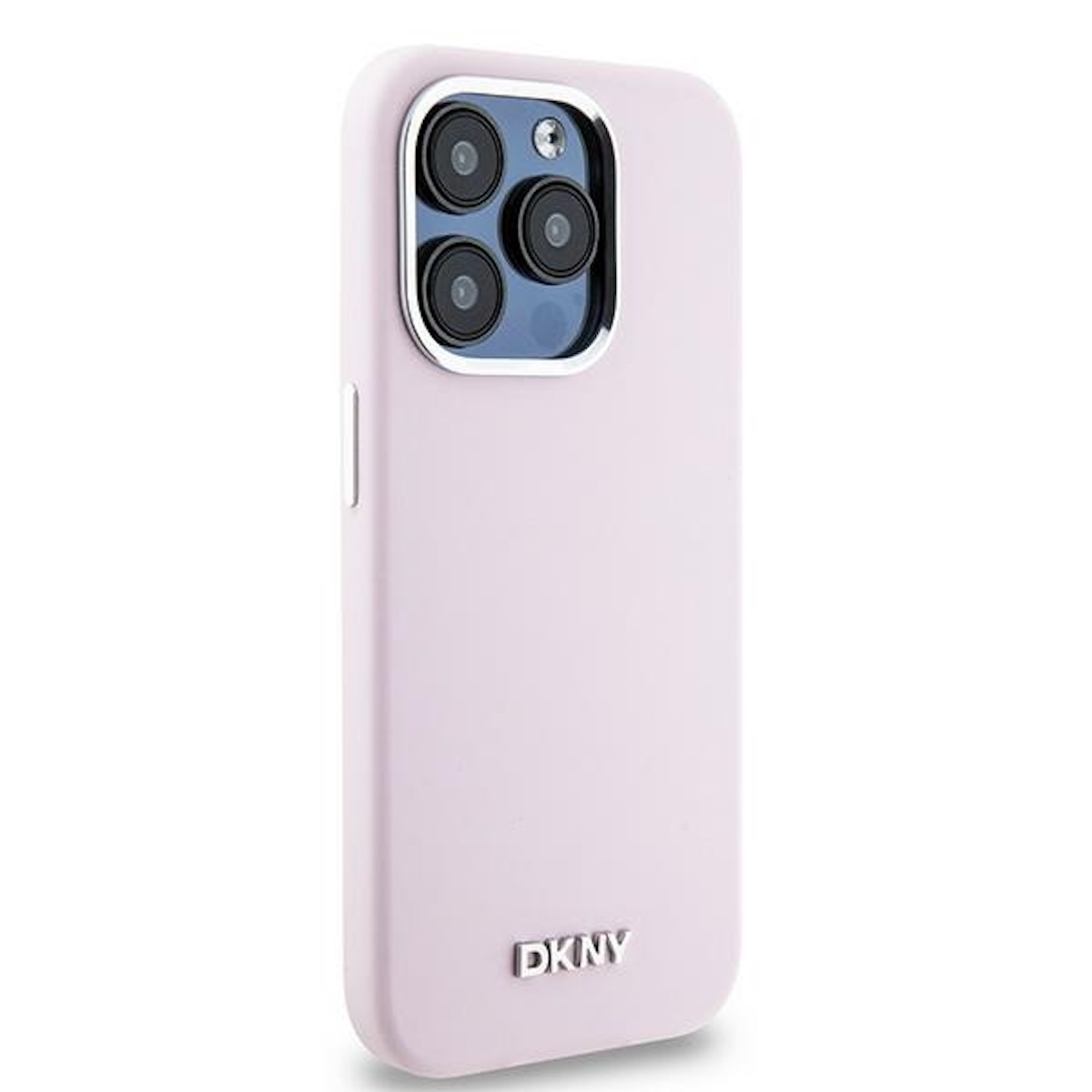 Custodia rosa chiaro con anello fotocamera argentato e logo DKNY. Sfondo bianco.