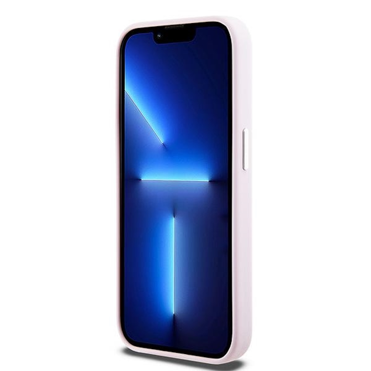 Un iPhone in una custodia rosa. Lo schermo mostra una sfumatura blu brillante.