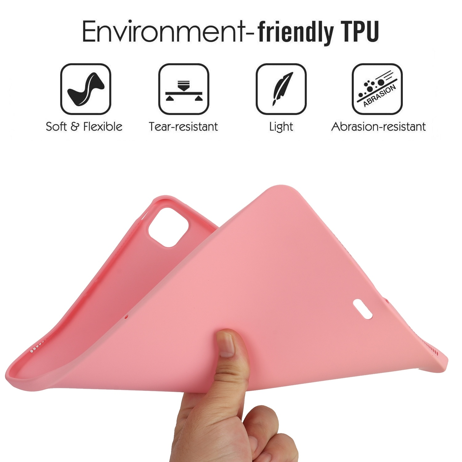 Hand hält eine rosa, flexible Tablethülle. Der Text oben lautet Umweltfreundliches TPU, mit Funktionssymbolen.