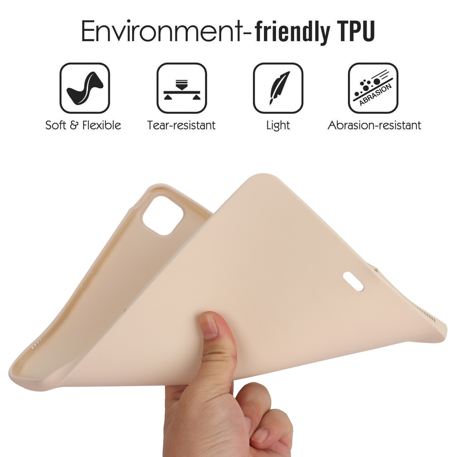 Beige Tablet-Hülle wird geöffnet gehalten, mit Symbolen und Text, auf weißem Hintergrund.