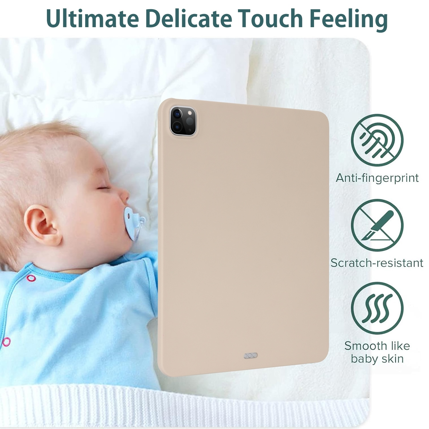 Ein Baby schläft neben einer iPad-Hülle mit Anti-Fingerabdruck-, kratzfesten und glatten Eigenschaften.