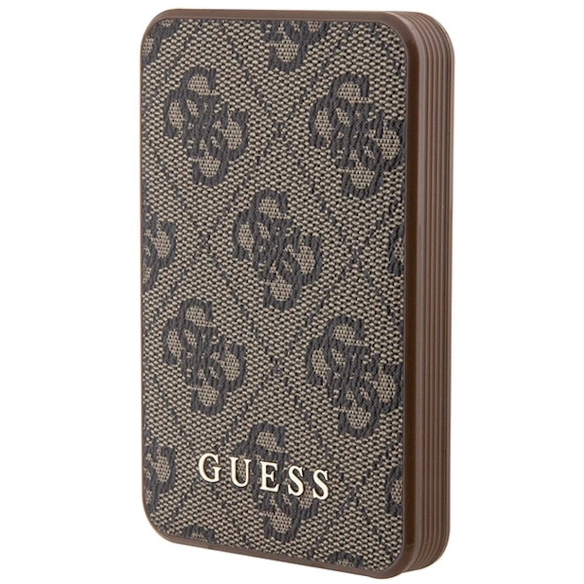 Una custodia per telefono Guess con un motivo marrone e beige, su sfondo bianco.