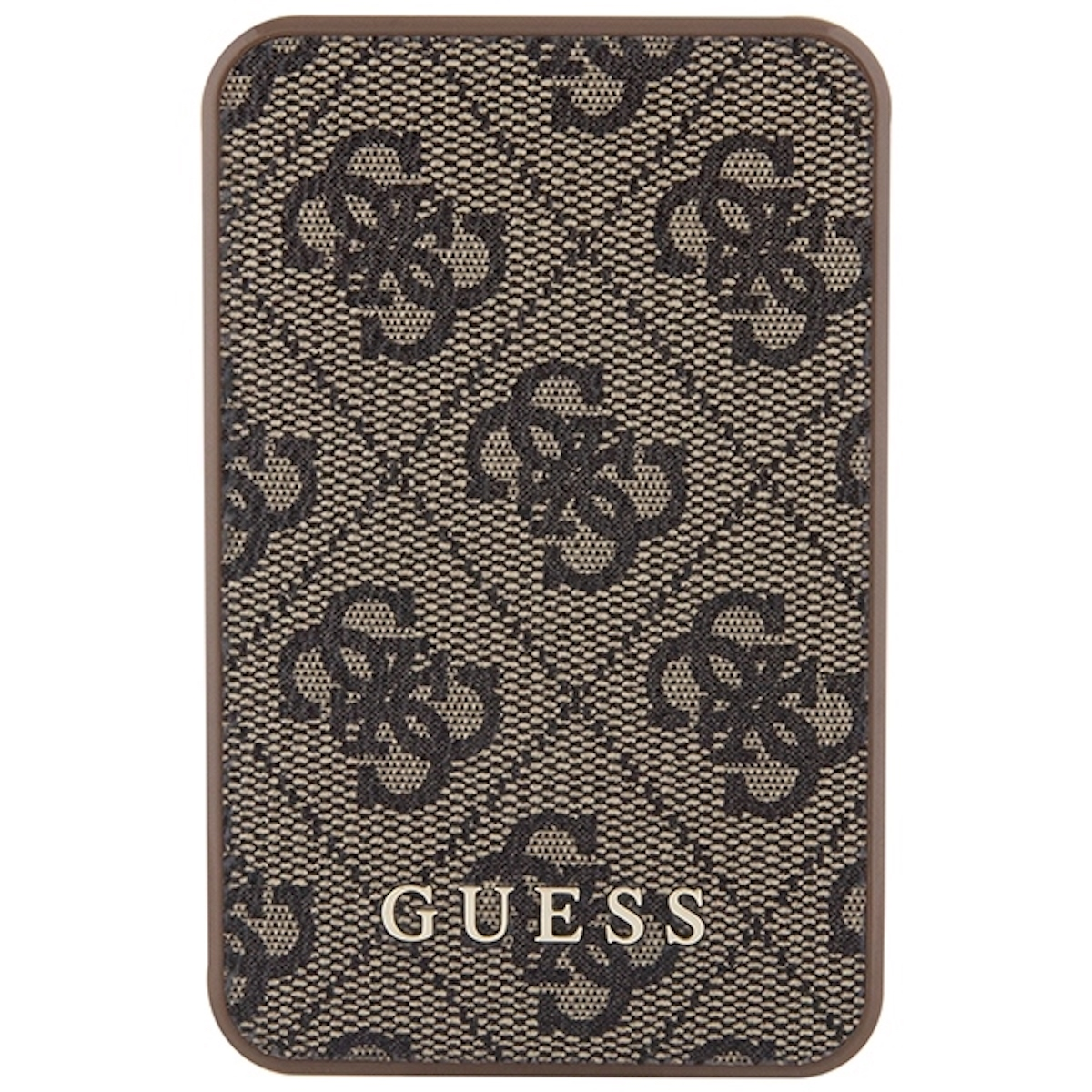 Una custodia per telefono con un motivo con logo Guess marrone e beige è mostrata.