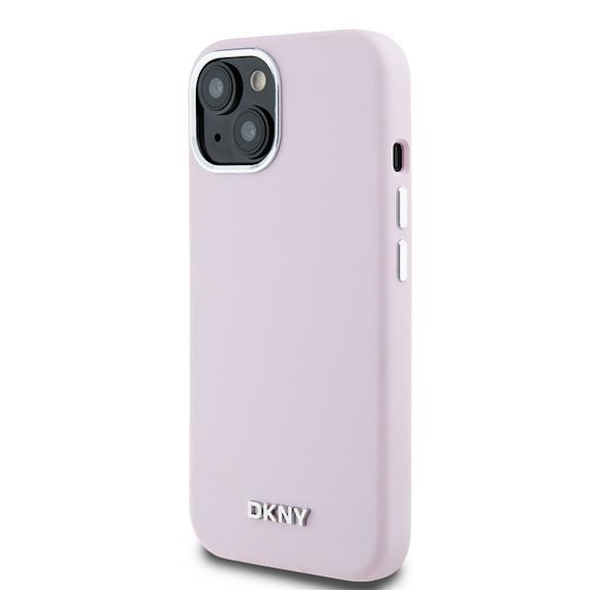 Una custodia per telefono rosa con logo DKNY, con un rigonfiamento per la fotocamera.