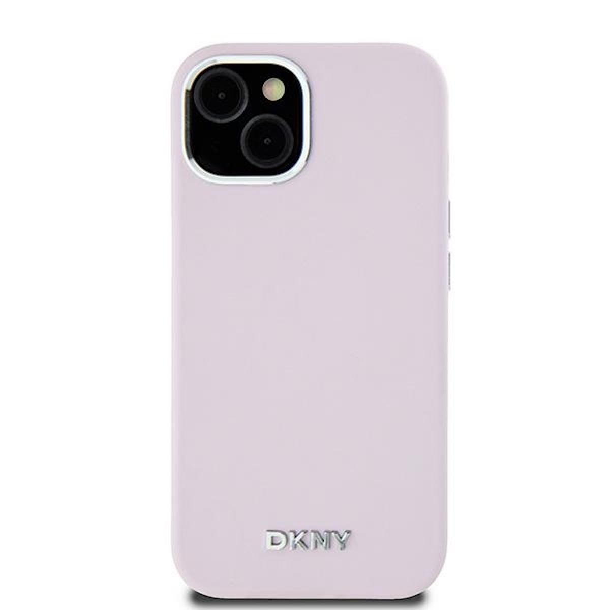 Custodia per telefono lilla chiaro con logo DKNY, sfondo bianco.